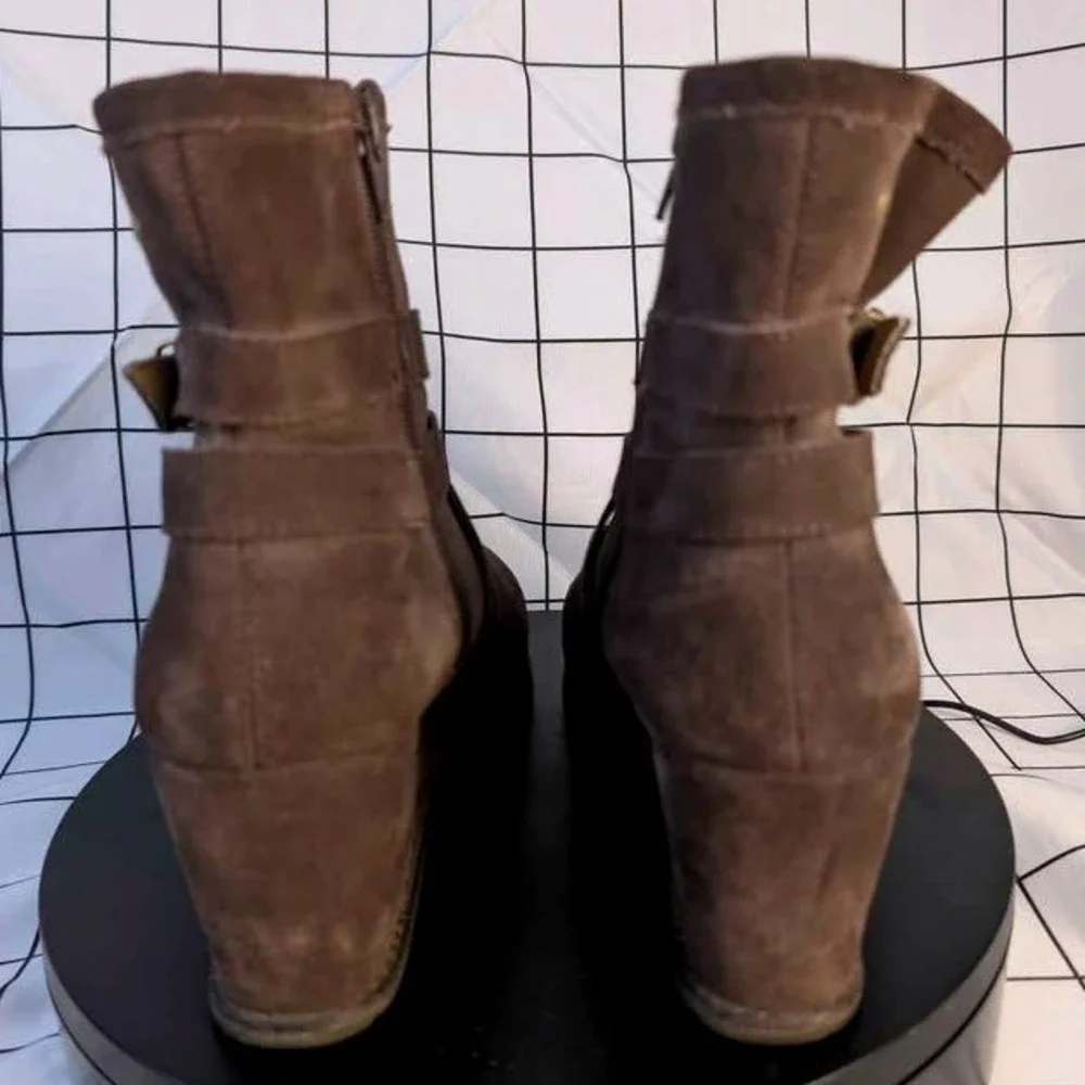 Caterpillar CAT ~ Suede Wedge Ankle Boots ~ Women 9 ~Brown Buckle Strap Side Zip